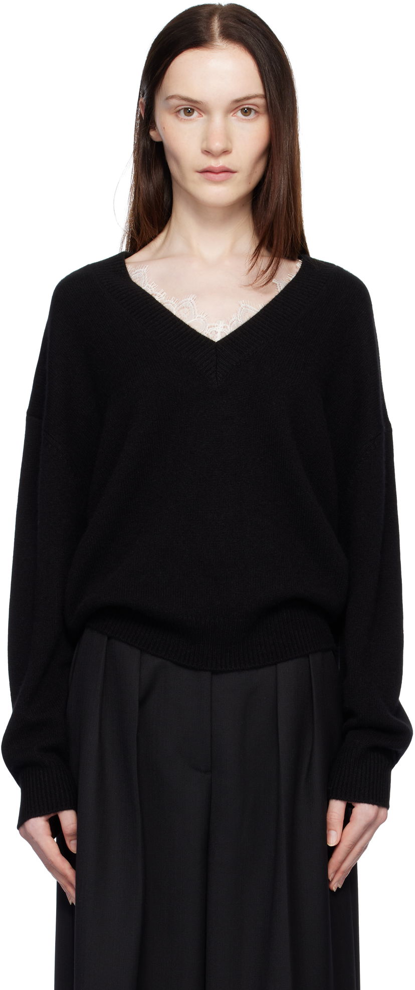 Villapaita Anine Bing Lee Lace Trim V-Neck Sweater Musta | A-09-3280-000