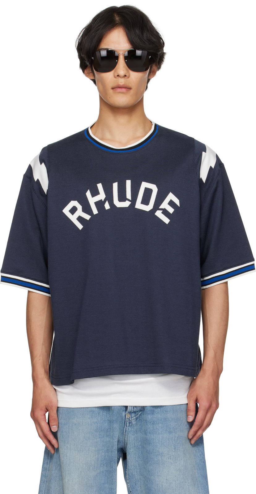 T-paita Rhude Rhude Logo Lightning Ringer T-Shirt Tummansininen | RHPF25TT01729
