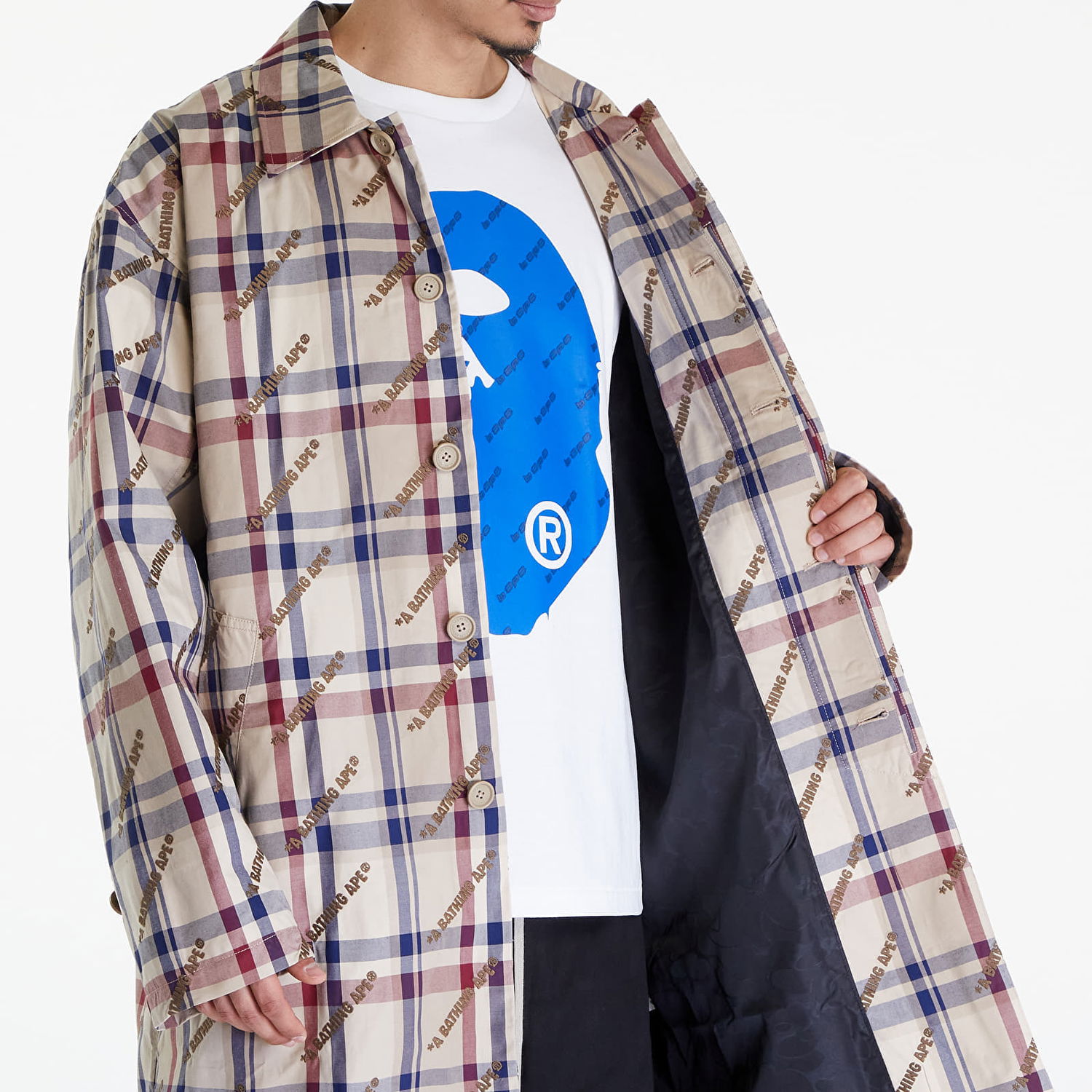 Takki BAPE A BATHING APE Logo Check Pattern Long Coat Beige Beige | 001LJJ801055I BEI, 1