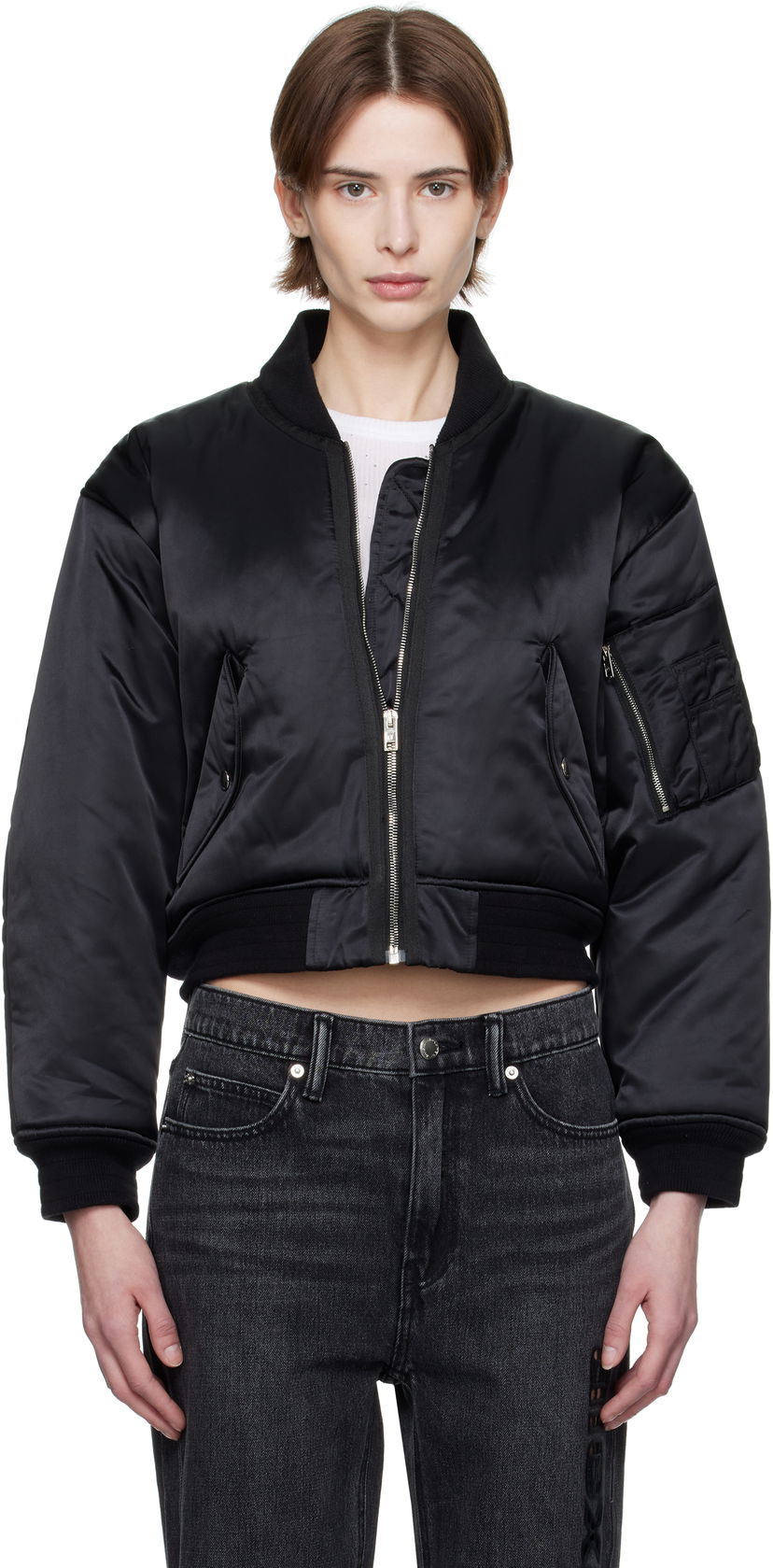 Bomber-takki Alexander Wang Alexander Wang Logo-Embroidered Cropped Bomber Jacket Musta | 1WC1253278