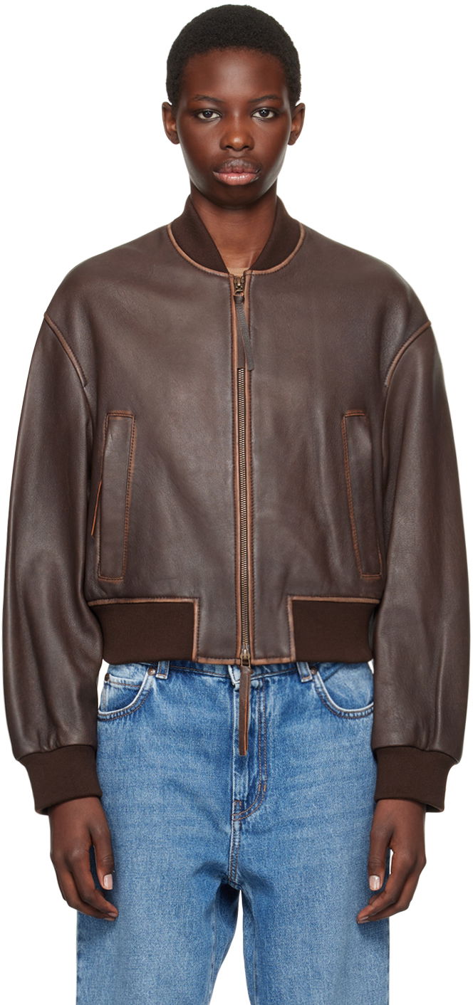 Bomber-takki Max Mara Weekend Max Mara Nappa Leather Bomber Jacket Ruskea | 2425446031600