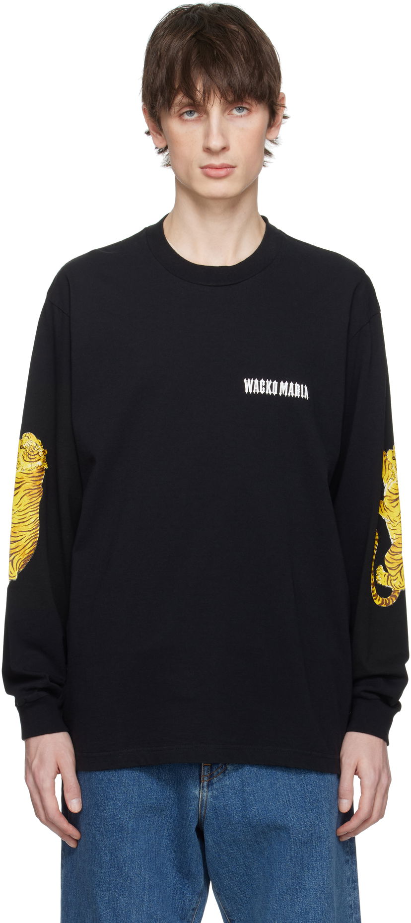 T-paita WACKO MARIA Wacko Maria Washed Tiger Print Crew Neck Longsleeve T-Shirt Musta | 25SS-WMT-LT03