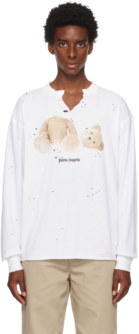 T-paita Palm Angels White PA Bear Long Sleeve Valkoinen | PMAB040S23JER0010160
