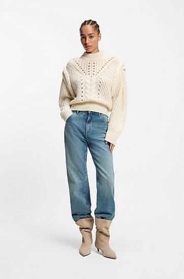 Villapaita BOSS Structured Cable and Openwork Knit Mock Neck Sweater with Alpaca and Virgin Wool Valkoinen | 50548951, 1