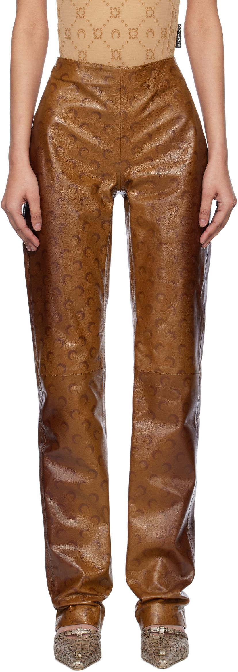 Housut Marine Serre Marine Serre Moon Airbrushed Leather Pants Ruskea | WPA153A CLEA0050