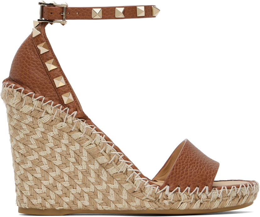 Kengänhoito Valentino Valentino Garavani Double Rockstud Grainy Calfskin Wedge Espadrilles Ruskea | 6W2S0090FEQ