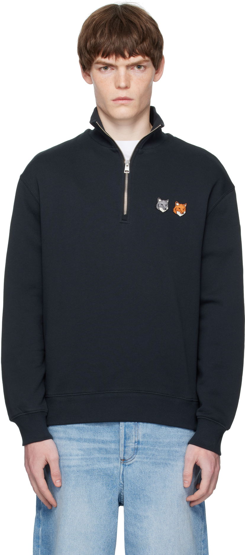 Huppari MAISON KITSUNÉ Maison Kitsuné Double Fox Head Half-Zip Sweatshirt Musta | OM211CFKM0321