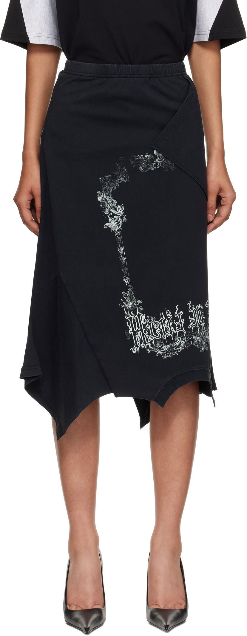 Hame VETEMENTS Vetements Cradle Of Filth Print Asymmetrical Midi Skirt Musta | WCF76SK690M