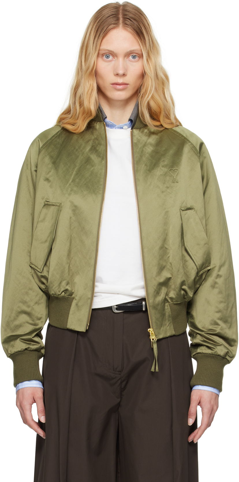 Bomber-takki AMI AMI Paris Cotton Satin Ami de Coeur Bomber Jacket Vihreä | FJK011.CO0100