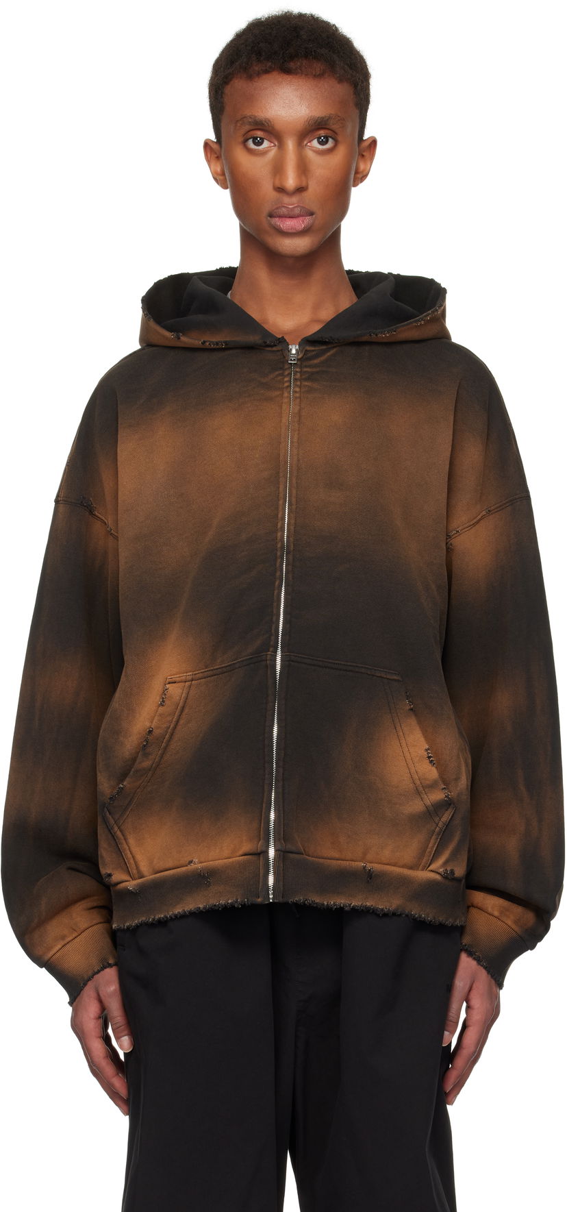 Huppari We11done We11done Distressed Zip-Up Hoodie Ruskea | WD-TJ3-24-833-U-BK