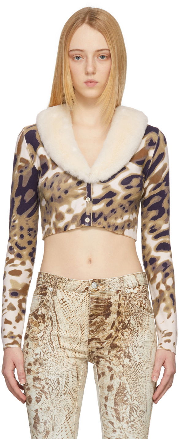 Villapaita Blumarine Blumarine Print Cropped Cardigan with Faux Fur Collar Monivärinen | 2M147A