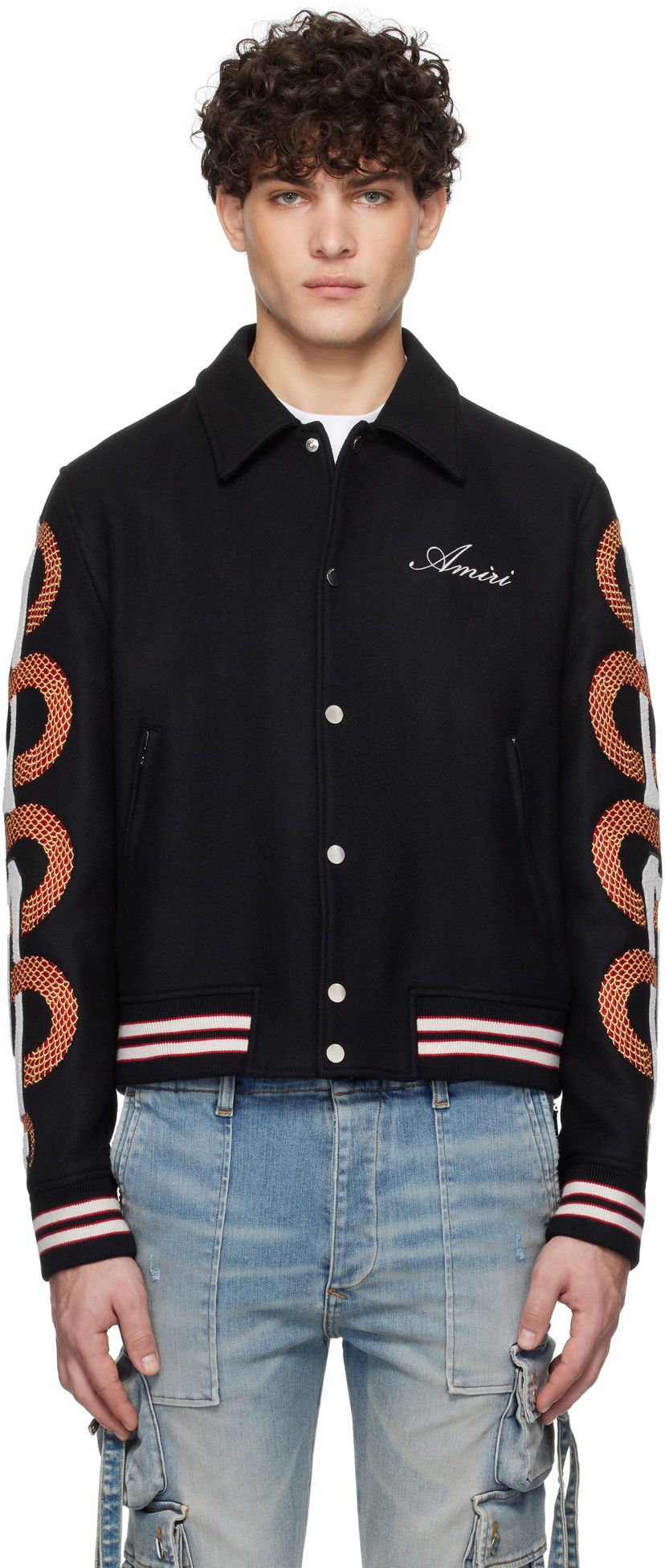 Bomber-takki AMIRI Snake Bones Embroidered Bomber Jacket Musta | AMOUVY1015