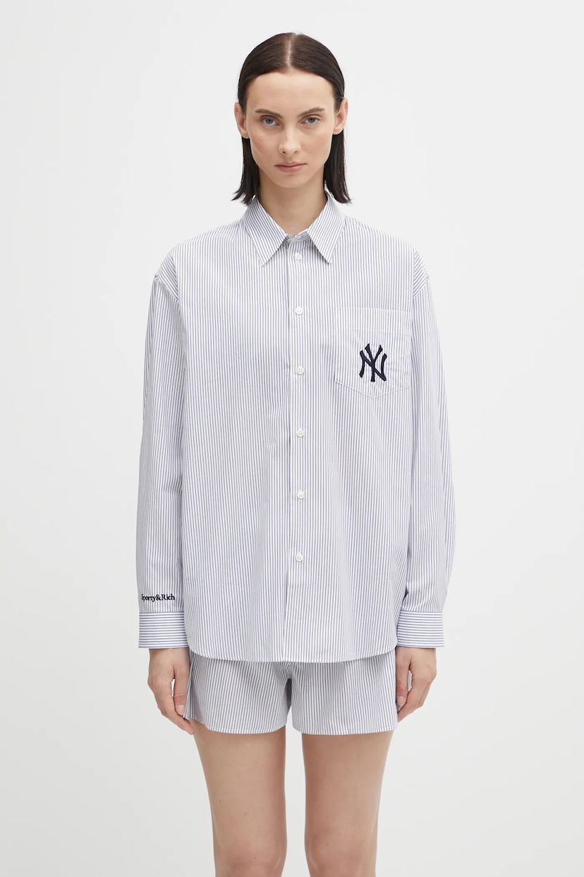 Paita Sporty & Rich Sporty & Rich Yankees Serif Oversized Pinstriped Relaxed Fit Shirt with Classic Collar Valkoinen | SI006623631ST09