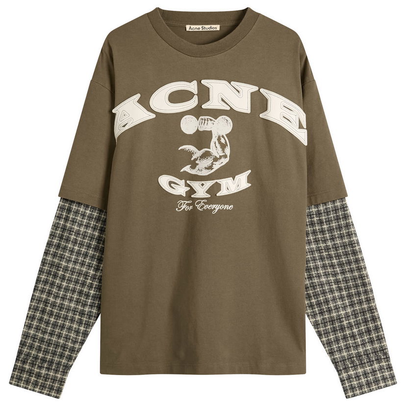 T-paita Acne Studios Exford U Long Sleeve Gym Bro Check Layered T-Shirt, Size Small Vihreä | CL0394-DSQ