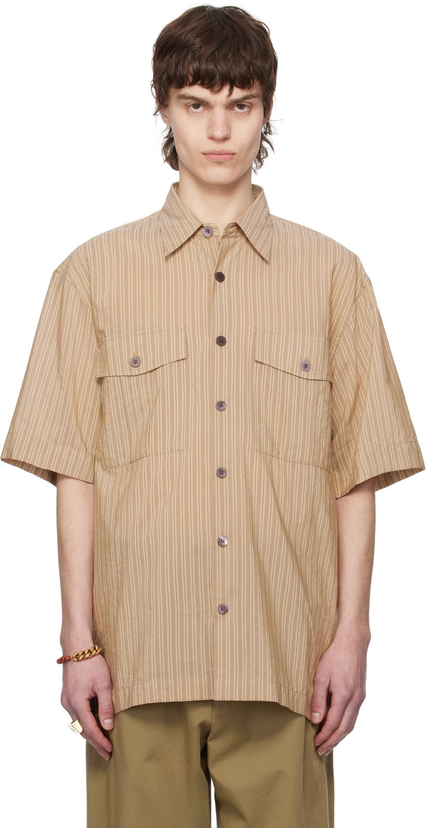 Paita Dries Van Noten Dries Van Noten Striped Two-Pocket Shirt Beige | 251-020706-1524