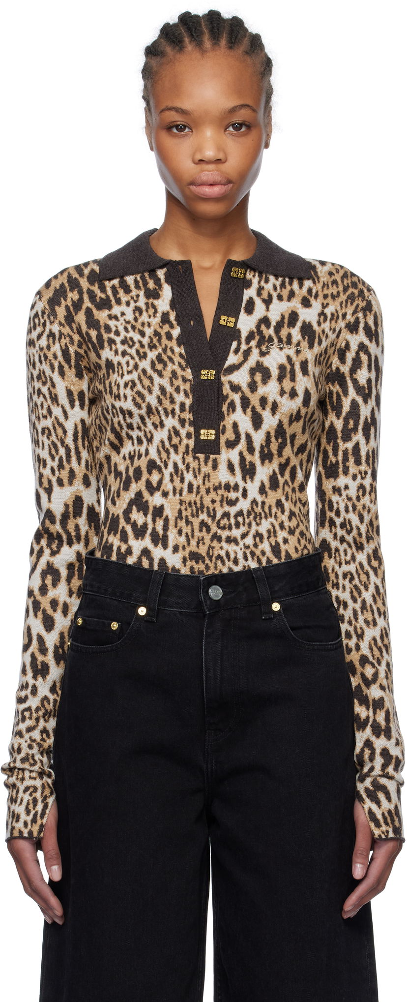 Poolopaita GANNI GANNI Leopard Knit Polo Ruskea | K2341