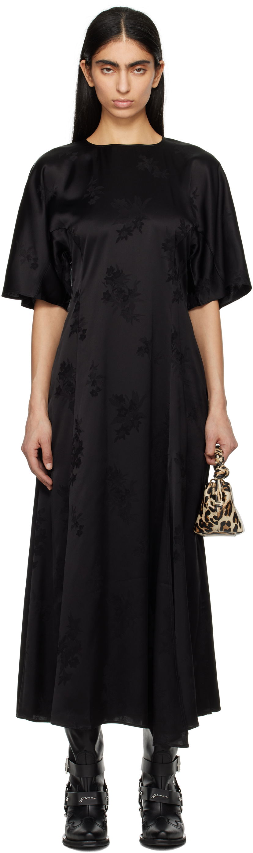 Mekko GANNI GANNI Fluid Satin Jacquard Slit Maxi Dress Musta | W0255