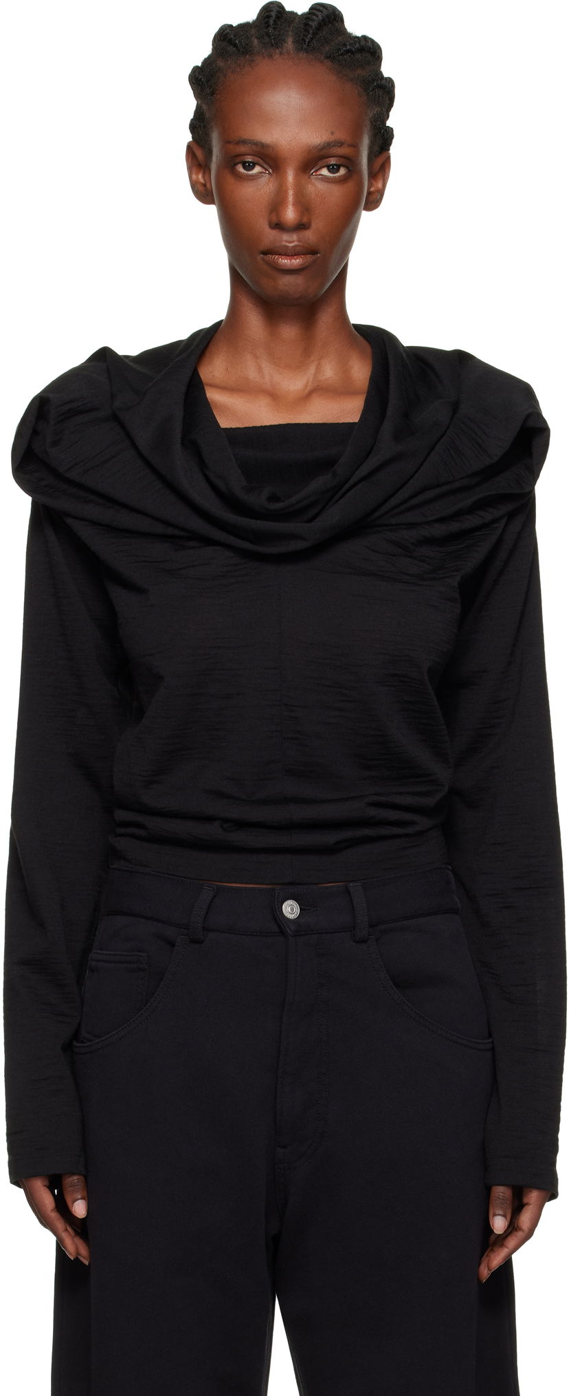 T-paita Maison Margiela MM6 Maison Margiela Wool Jersey Cowl Neck Long Sleeve Top Musta | S52NH0031 M20124