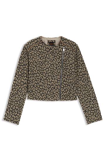 Takki BOSS Cropped Leopard Jacquard Biker Jacket Ruskea | 50546006