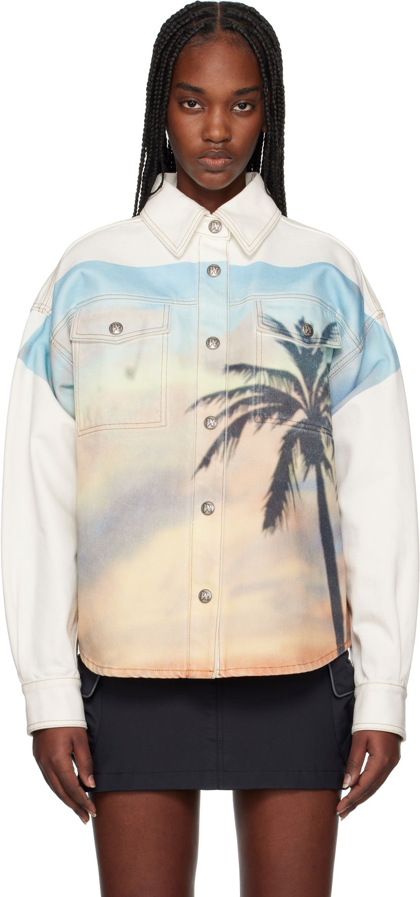 Paita Palm Angels Palm Angels Sunrise Palm Denim Overshirt Valkoinen | PWYD023S25DEN0010384