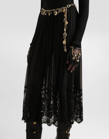 Hame Dolce & Gabbana Dolce & Gabbana Pleated Chiffon Midi Skirt with Lace Trim Musta | F4C6ATFUSNWN0000, 3