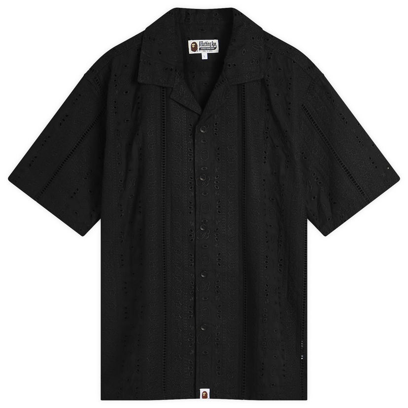 Paita BAPE A Bathing Ape Embroidery Open Collar Short Sleeve Shirt, Size Large Musta | 001SRL301305M-BLK