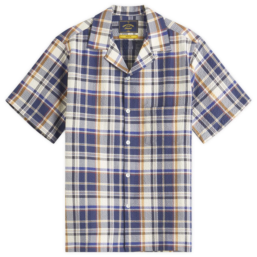 Paita Portuguese Flannel Men's Prainha Check Seersucker Vacation Shirt, Size Large Sininen | SS25-075-BLW