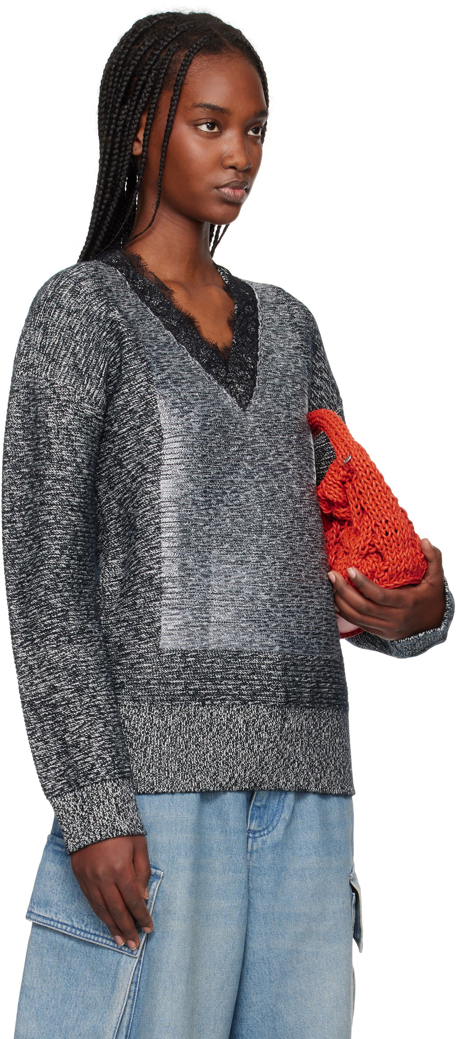 Villapaita JW Anderson JW Anderson V-Neck Lace Trim Sweater Harmaa | KW1400-YN0402, 1