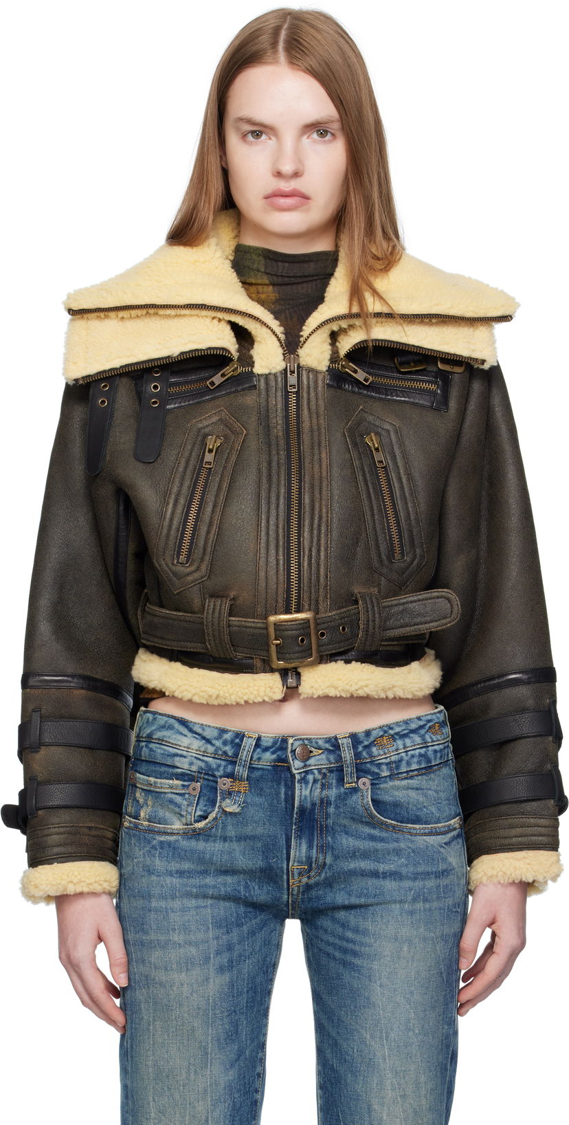 Bomber-takki R13 R13 Cropped Shearling Bomber Jacket Ruskea | R13WR423-R545A