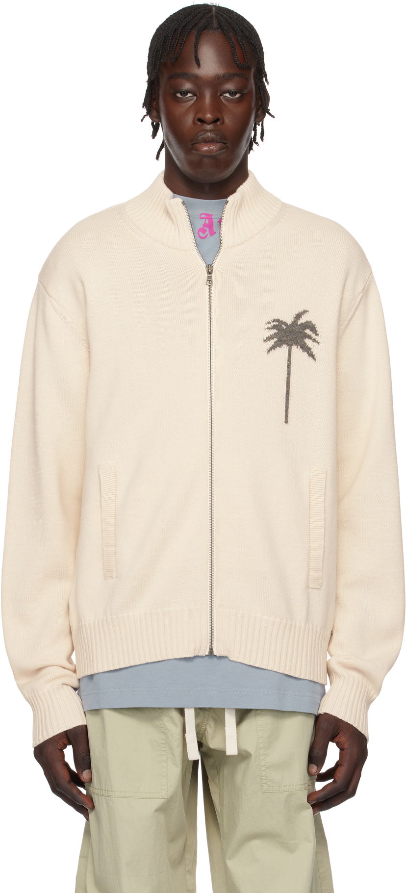 Takki Palm Angels Knit Track Jacket With Palms Embroidery Beige | PMHA061S25KNI0010308