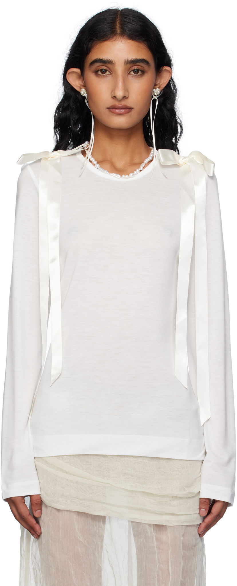 T-paita Simone Rocha Simone Rocha Bow Ribbon Tail Long Sleeve T-shirt Valkoinen | 5367 0571