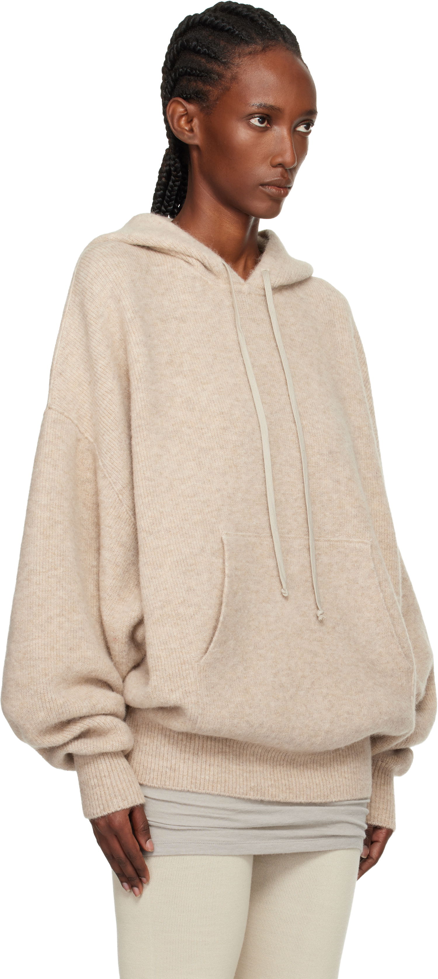 Huppari Rick Owens Concordians Hun Oversized Knitted Hoodie with Kangaroo Pocket Beige | RO02E4660 KWP, 1