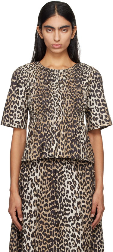 T-paita GANNI GANNI Smocked Leopard Print Blouse Beige | W0205, 0