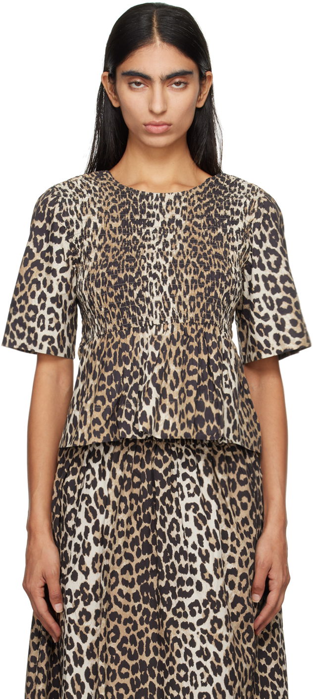 T-paita GANNI GANNI Smocked Leopard Print Blouse Beige | W0205