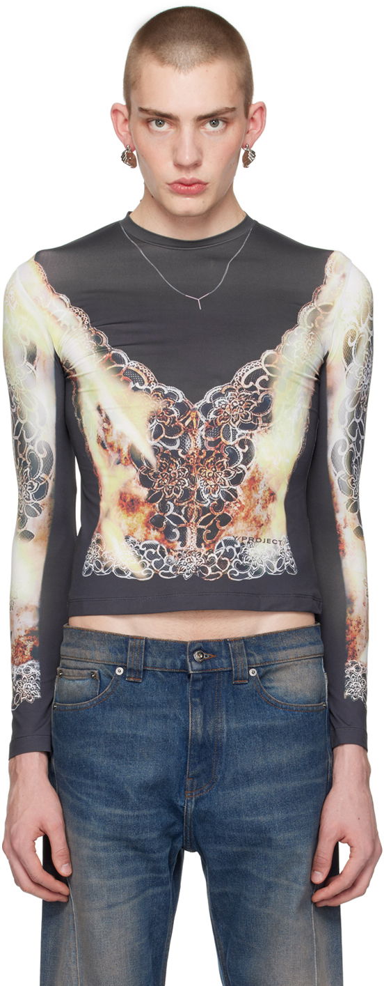 T-paita Y/PROJECT Printed Long Sleeve T-Shirt Musta | 104TO007