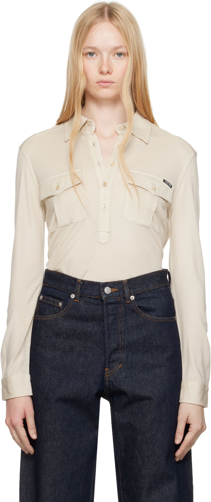 Poolopaita Tom Ford TOM FORD Jersey Long Sleeve Military Polo Beige | TSJ586-JEX142