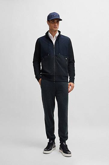 Takki BOSS Regular-Fit Mixed-Material Zip Sweatshirt Tummansininen | 50524063, 1