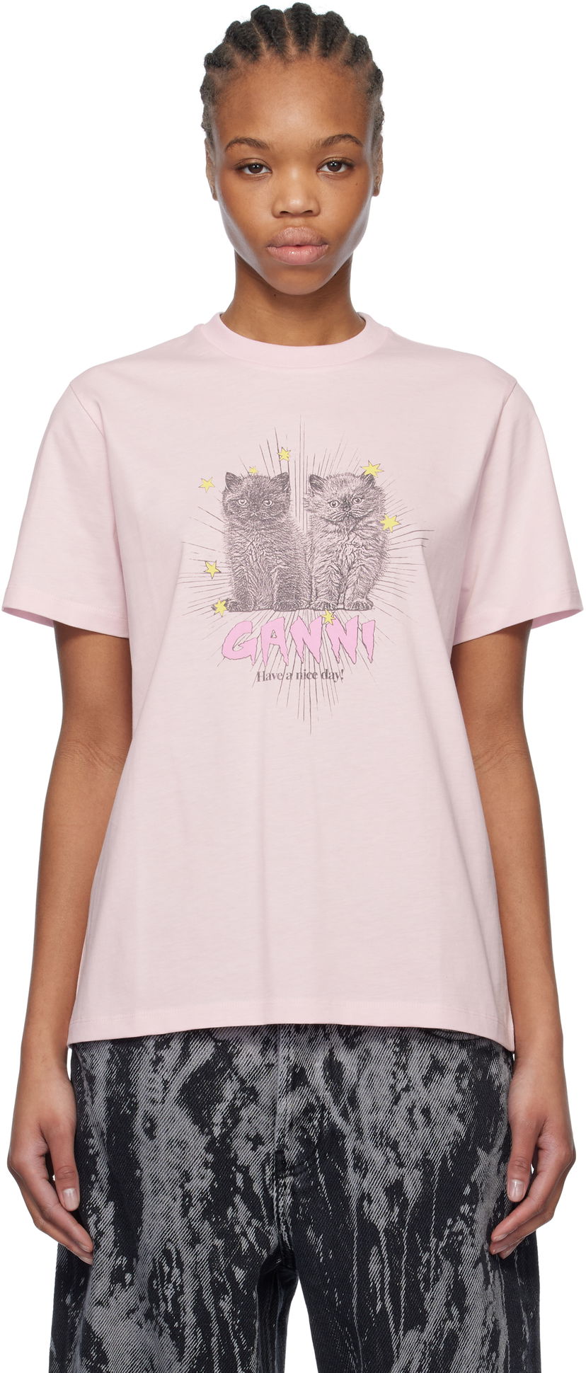 T-paita GANNI GANNI Relaxed Kitten Graphic T-Shirt Vaaleanpunainen | T4164