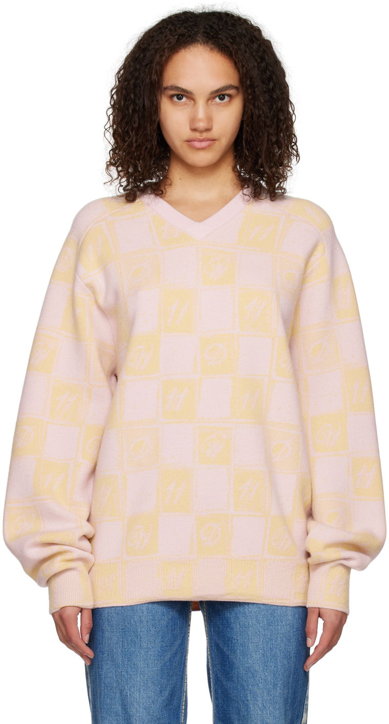 Villapaita We11done We11done Checkerboard V-Neck Sweater Vaaleanpunainen | WD-KT3-22-639-U-YE
