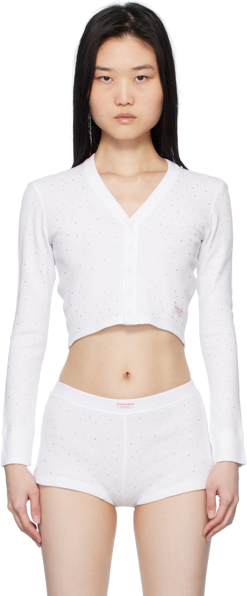 Villapaita Alexander Wang White Crystal Hotfix Long-Sleeve Waffle Cardigan Valkoinen | 8C4245810T