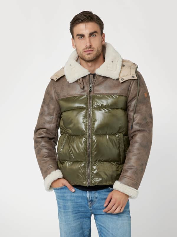 Puffer takki GUESS Faux Leather and Nylon Puffer Jacket Vihreä | M4BL37WGJL0