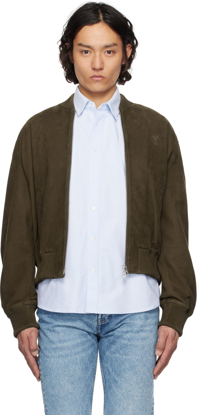 Bomber-takki AMI AMI Paris Zipped Suede Jacket Vihreä | HJK152.LH0052
