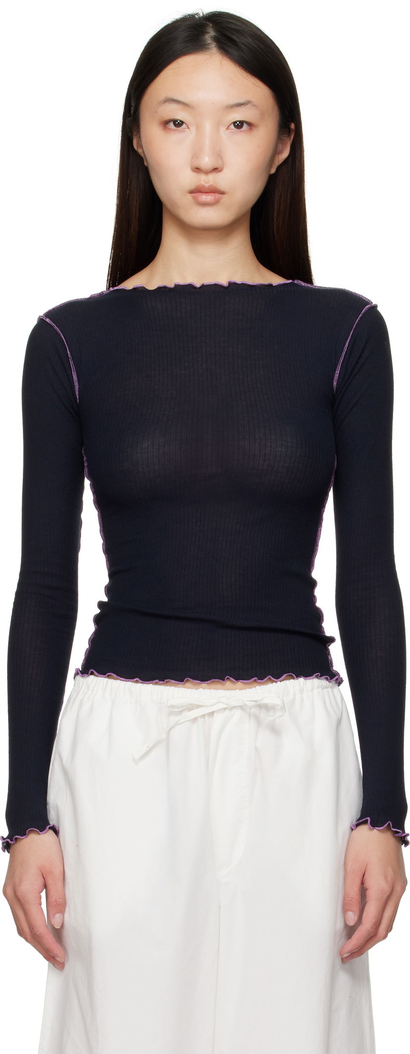 T-paita Baserange Baserange Lettuce Edge Long Sleeve T-Shirt Musta | TTVL-CR-AU25