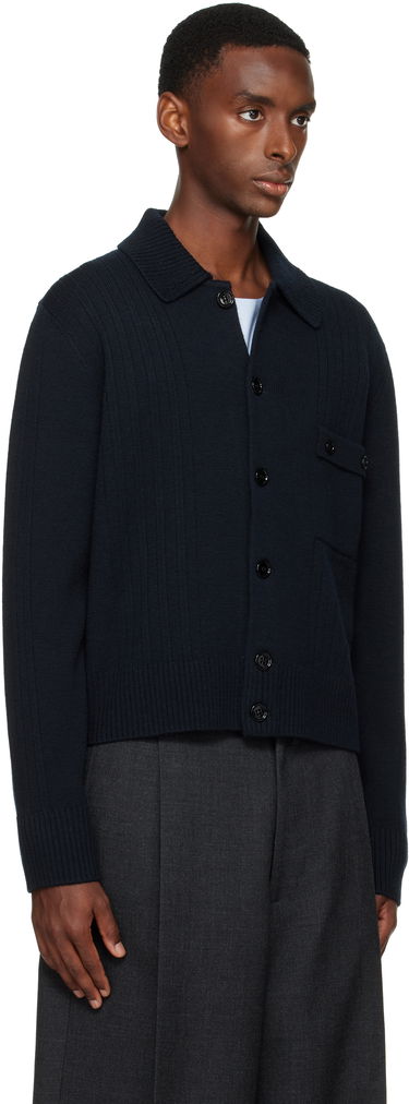 Villapaita Dries Van Noten Collared Rib Knit Wool Cardigan with Patch Pocket Beige | 252-021215-2707, 4