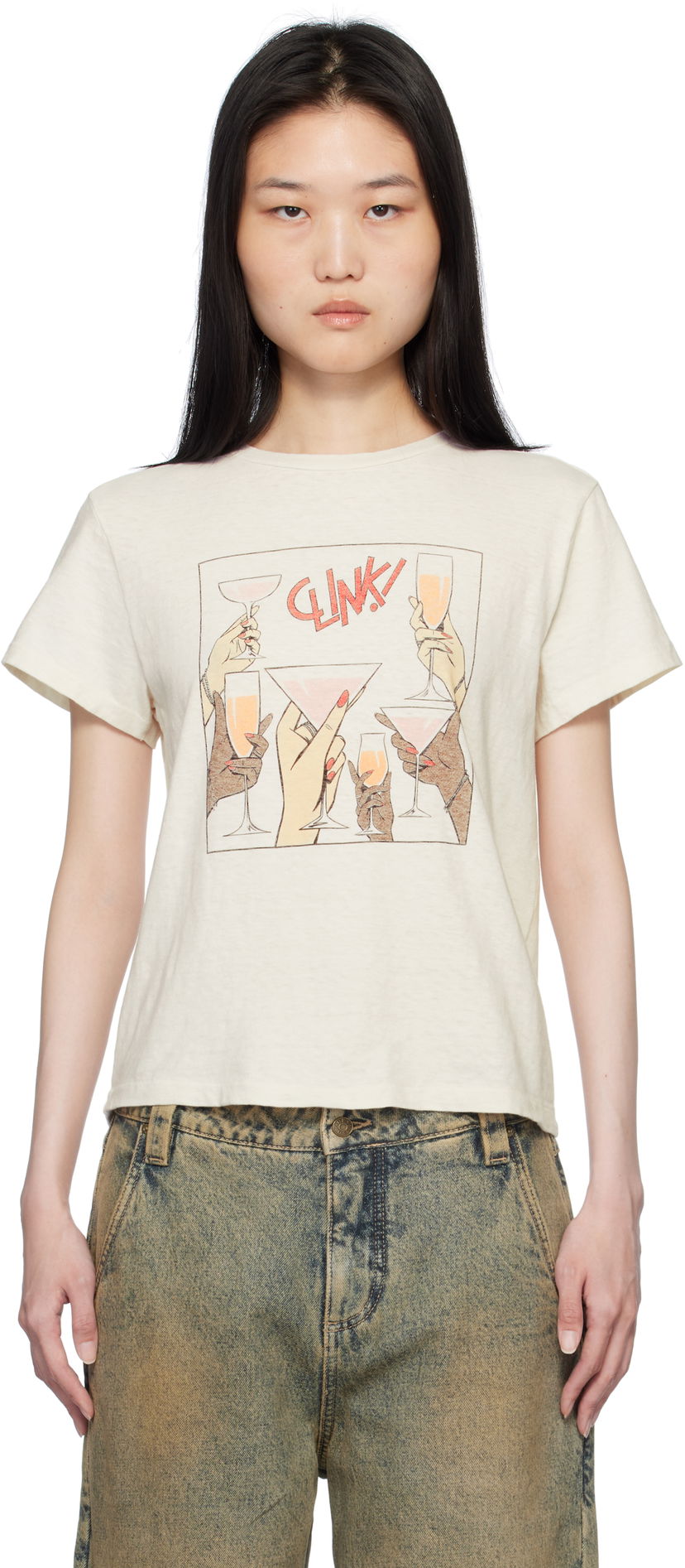 T-paita RE/DONE Classic 'Cheers' Graphic Print T-Shirt Beige | 024-02WCGT314