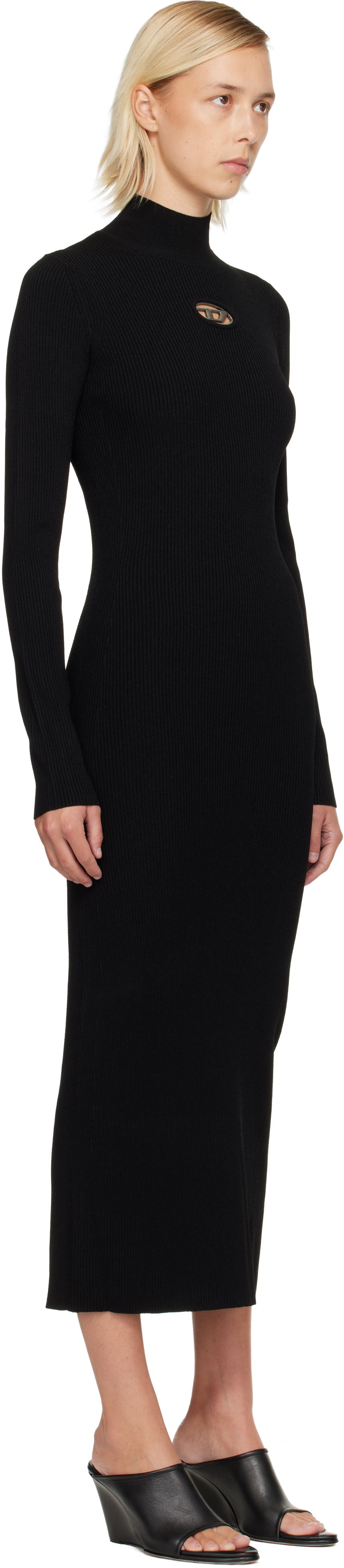 Mekko Diesel Ribbed knit long-sleeve mock neck maxi dress with metallic cut-out Musta | A14186 0DLAX, 1