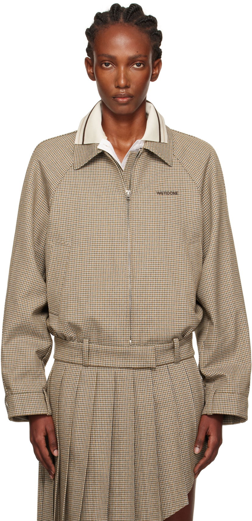 Takki We11done Polo Collar Micro Checked Zip Jacket Beige | WD-JK2-25-012-W-BG