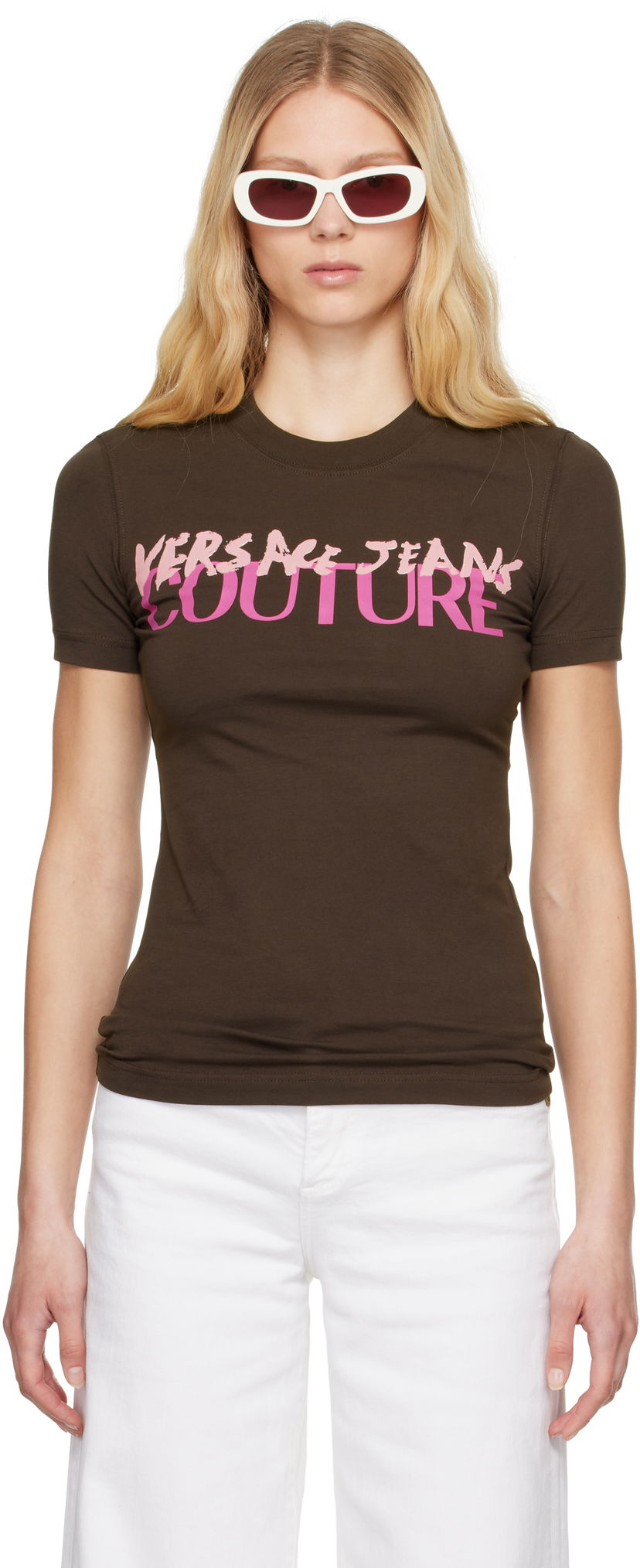 T-paita Versace Versace Jeans Couture Institutional Logo T-Shirt Ruskea | E78HAHE06_ECJ02E