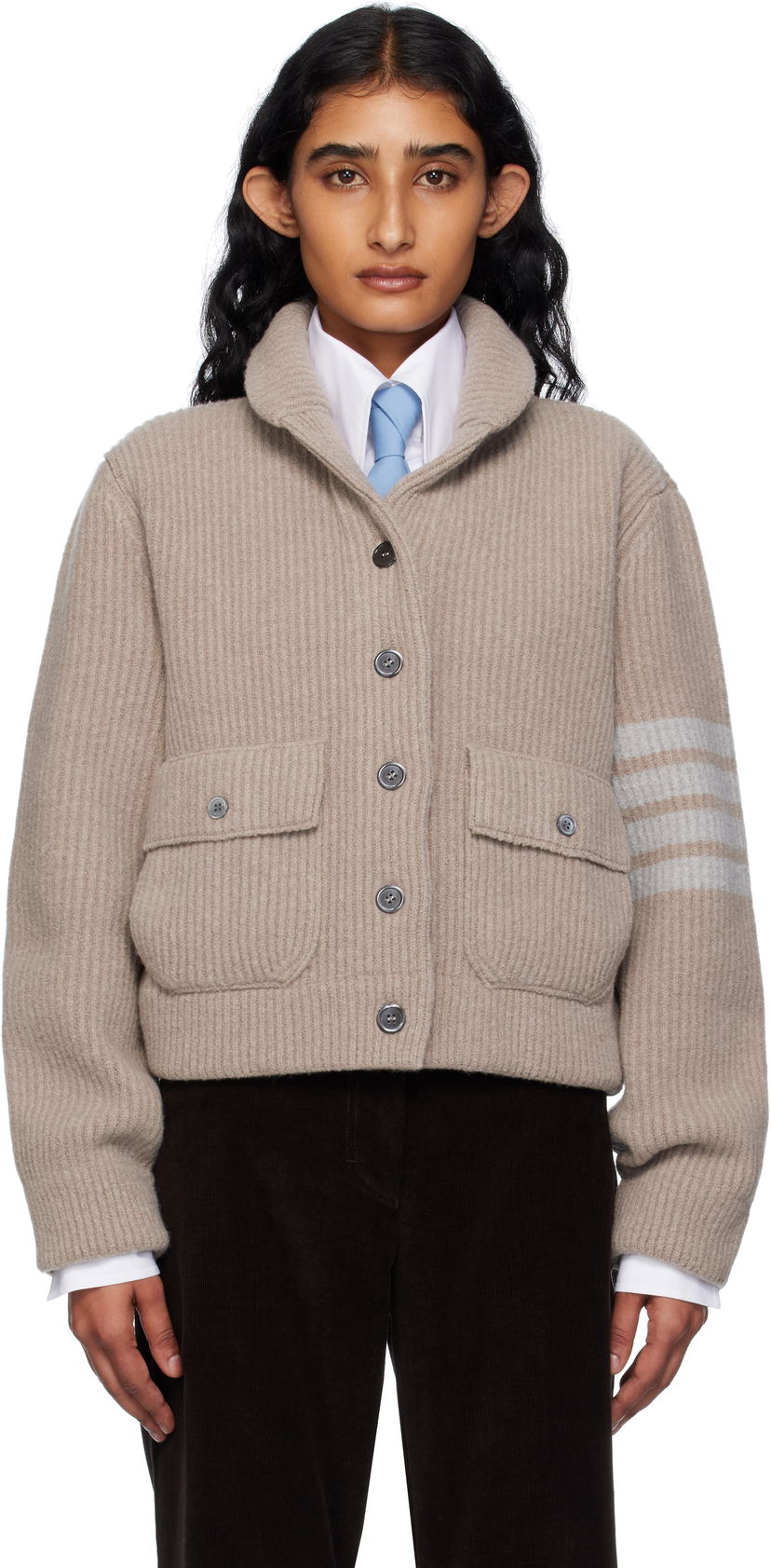 Villapaita Thom Browne Thom Browne Merino Wool 4-Bar Bomber Cardigan Beige | FKJ116A-Y1059