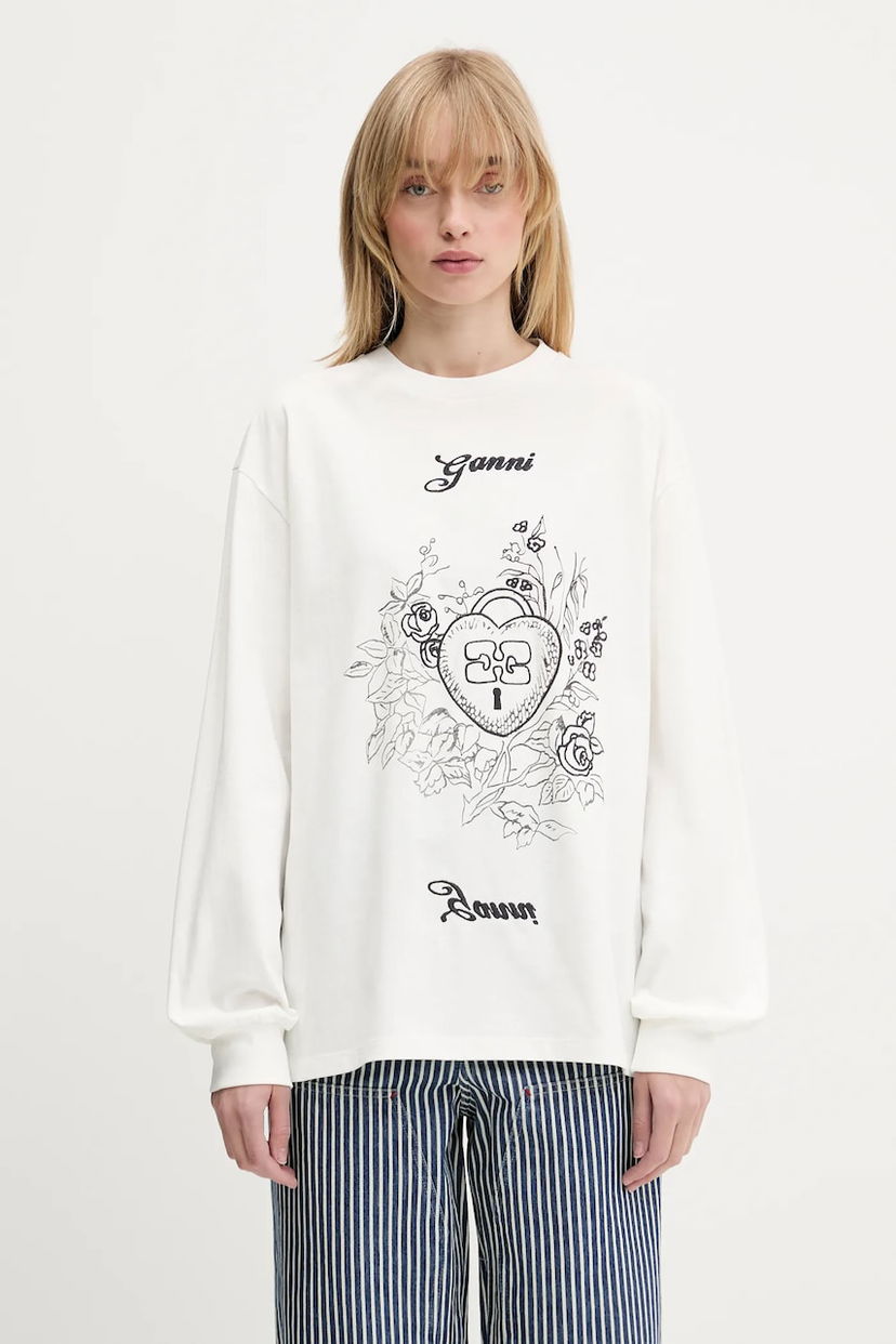 Huppari GANNI GANNI Re-cut Heavy Jersey Charm Long Sleeve T-Shirt Valkoinen | T4139